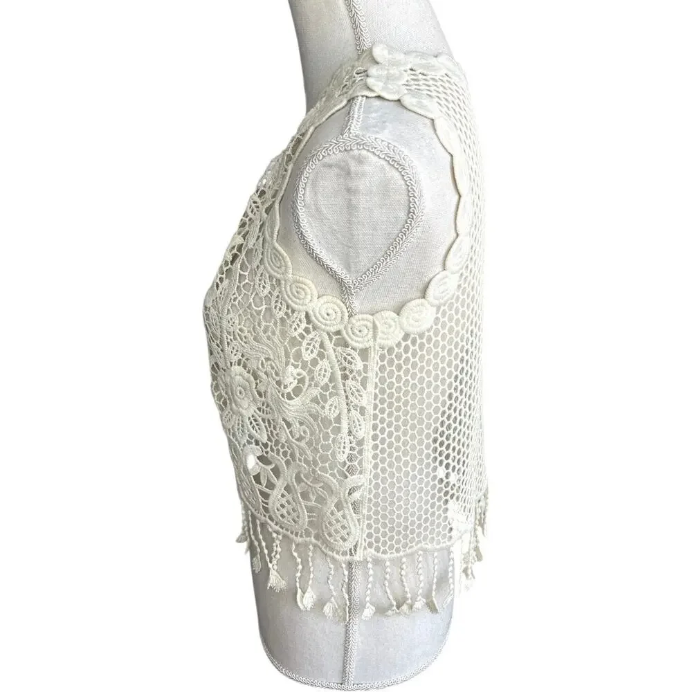 Ivory crochet vest lacemade cottagecore retro hippie festival floral boho